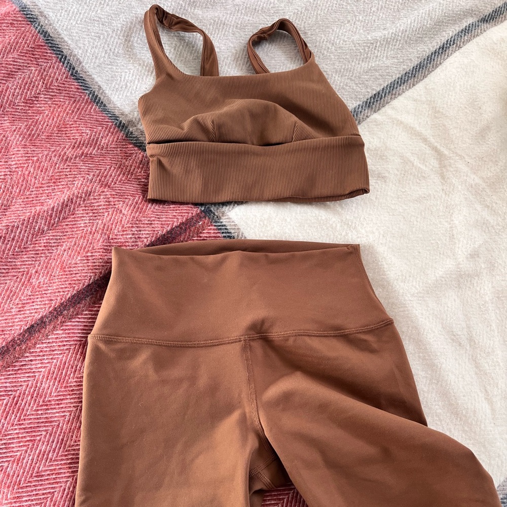 Cinnamon color Alo slit bra and high waisted yoga shorts